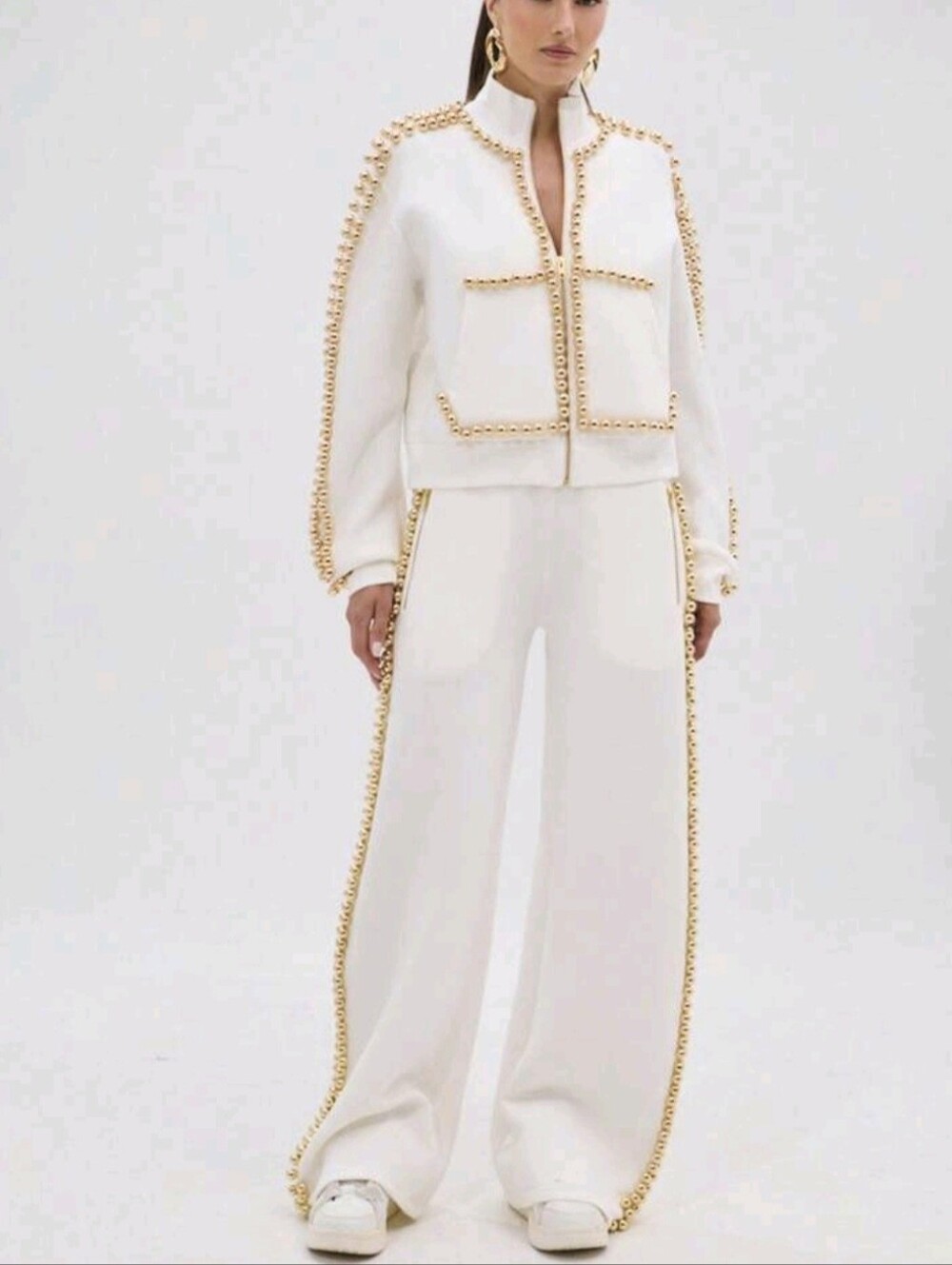 Stand Collar Short Zip Jacket Gold Trimmed Wide Leg Pants Sports Style Two-Piece